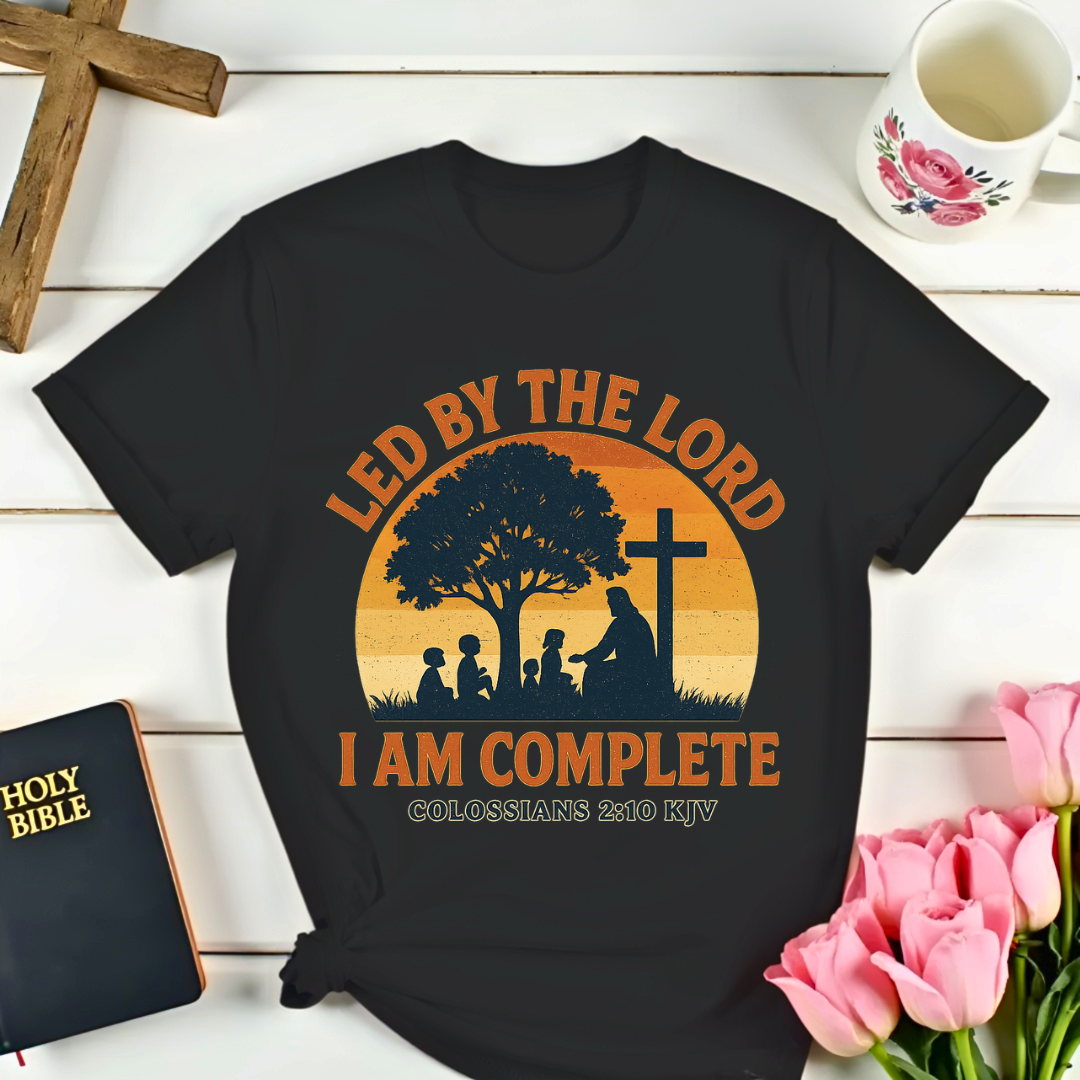 Vintage Christian T‑shirt with Jesus and children silhouette, sunset badge, I Am Complete Colossians 2:10 KJV