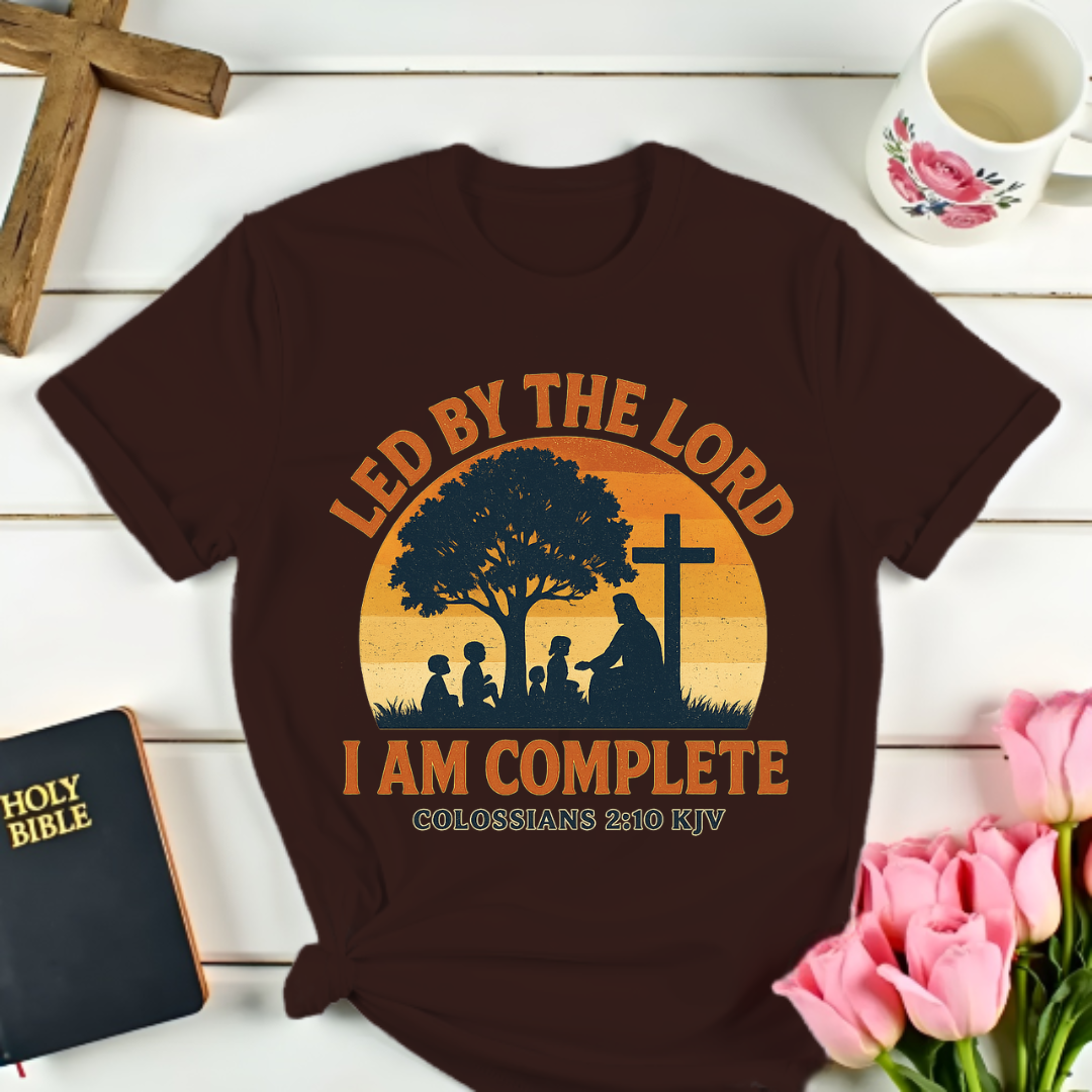 Vintage Christian T‑shirt with Jesus and children silhouette, sunset badge, I Am Complete Colossians 2:10 KJV