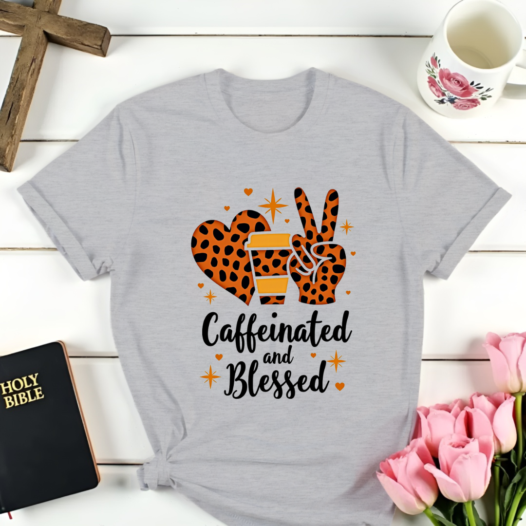 Leopard Caffeinated and Blessed T-Shirt