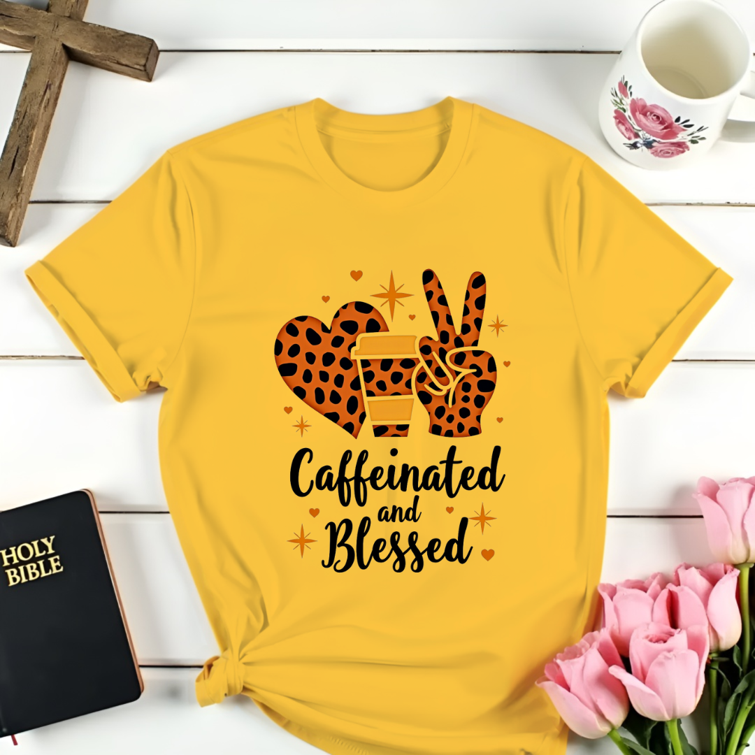 Leopard Caffeinated and Blessed T-Shirt