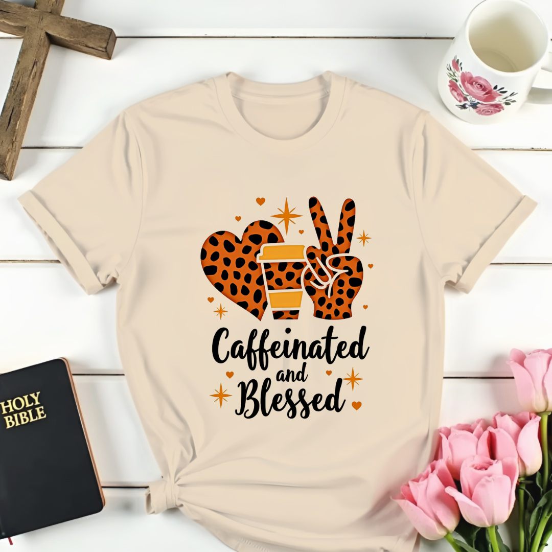 Leopard Caffeinated and Blessed T-Shirt